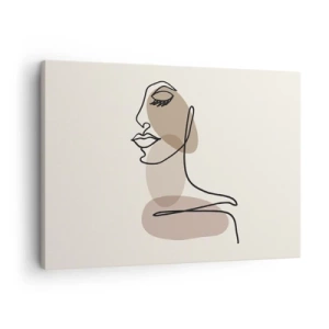 Obraz na plátně - Minimalistická ženská tvář s abstraktními skvrnami - 70x50cm - Při poslechu samé sebe - Moderní nástěnná dekorace do obývacího pokoje a ložnice ARTTOR