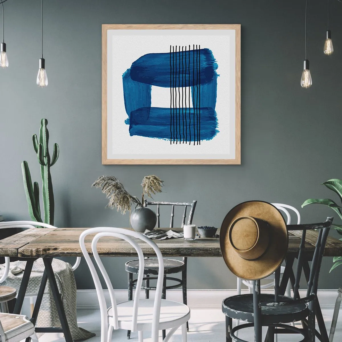Plakát v rámu světlý dub - Modročerná kompozice - 40x40 cm