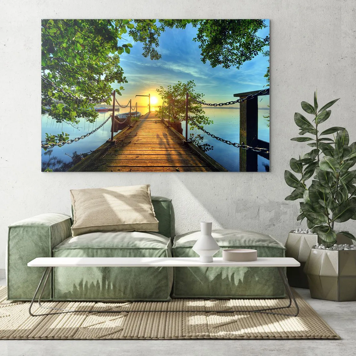 Obraz na skle - Molo s výhledem na západ slunce nad jezerem - 70x50cm - Západ u vody - Moderní nástěnná dekorace do obývacího pokoje a ložnice ARTTOR