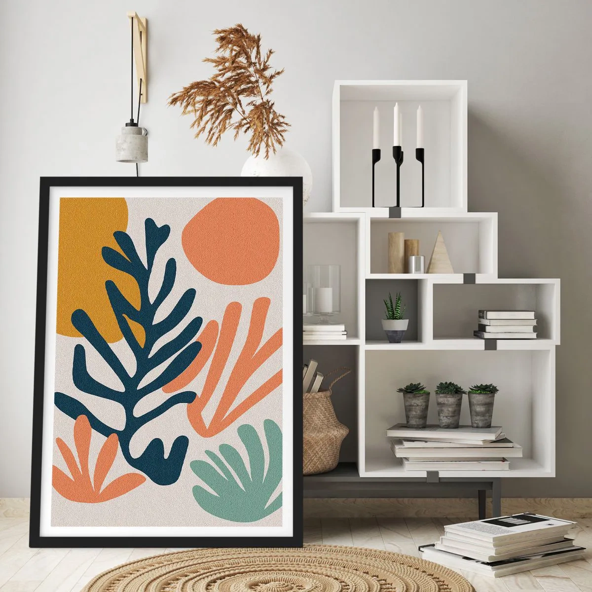 Plakát v černém rámu - Barevná kompozice rostlinných tvarů v moderním stylu - 50x70cm - Korálová moře - Moderní nástěnná dekorace do obývacího pokoje a ložnice ARTTOR