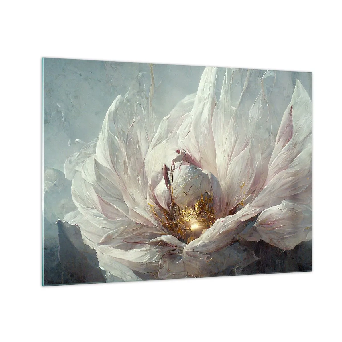 Obraz na skle - Kvetoucí květina v jemných šedých a zlatých odstínech - 70x50cm - Rozkvétá jednou za sto let - Moderní nástěnná dekorace do obývacího pokoje a ložnice ARTTOR