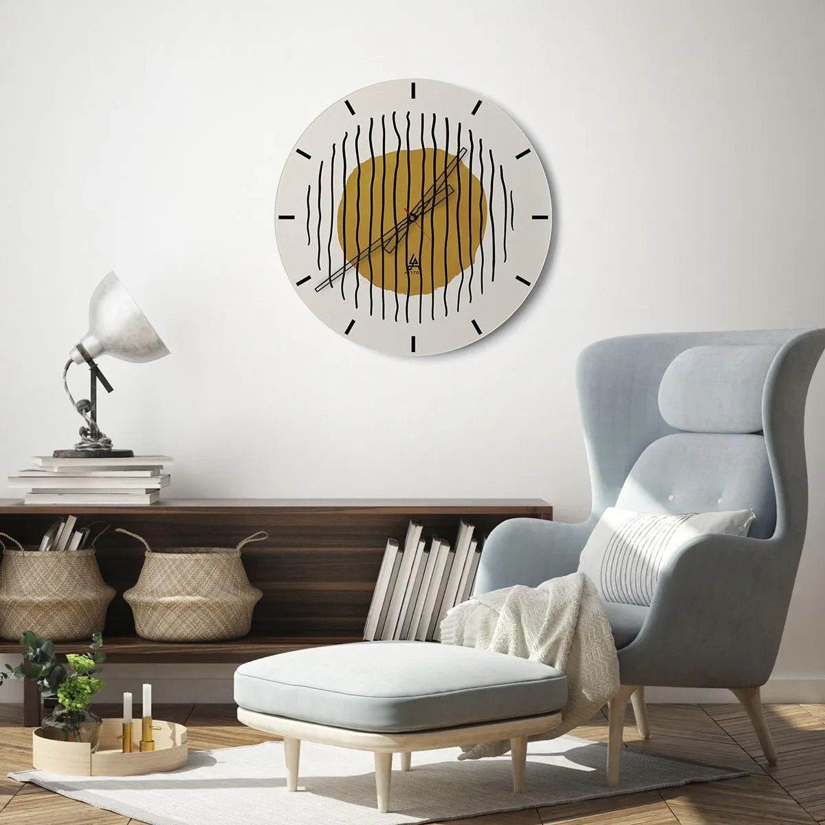 Nástěnné hodiny - Žlutooranžový kruh obklopený černými vlnovkami - 30x30cm - Abstrakce chvějící se žárem - Moderní nástěnná dekorace do obývacího pokoje, kuchyně a ložnice ARTTOR