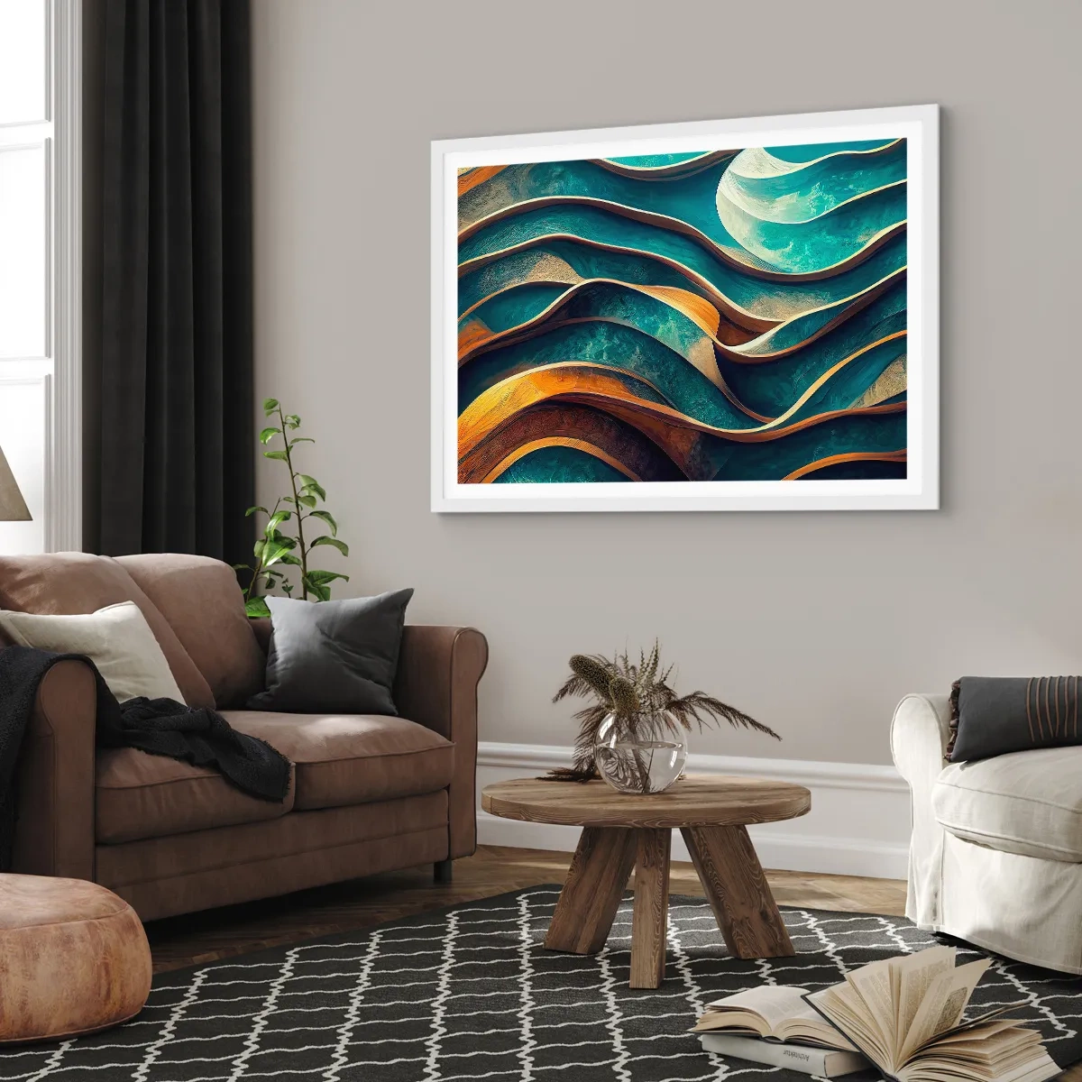 Plakát v bílém rámu - Meandry modré - 40x30 cm