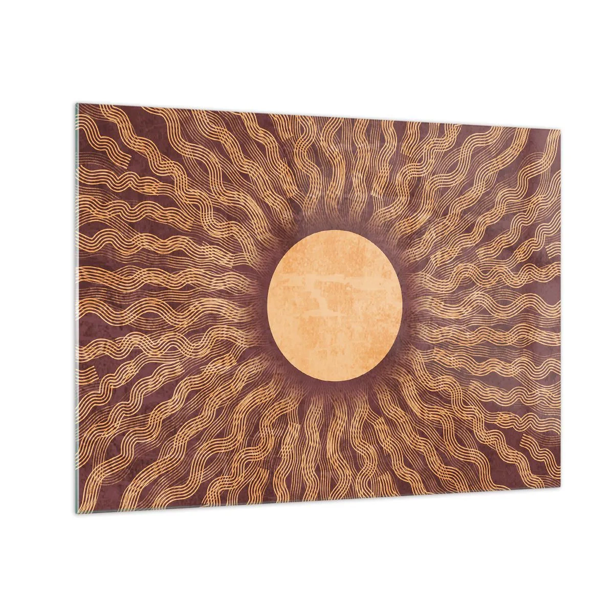 Obraz na skle - Stylizované slunce s paprsky ve formě vlnovek na hnědém pozadí. - 70x50cm - Ikona slunce - Moderní nástěnná dekorace do obývacího pokoje a ložnice ARTTOR