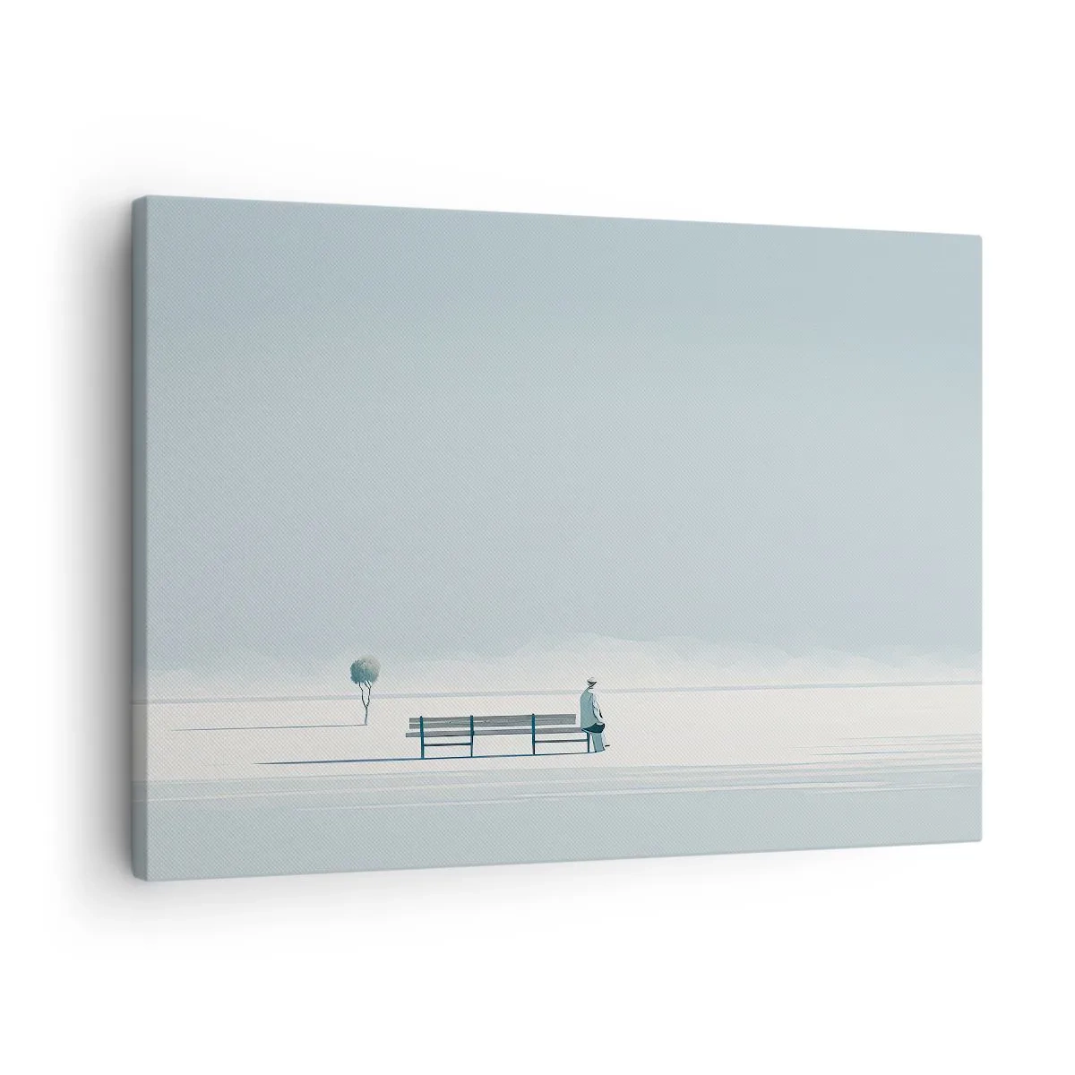 Obraz na plátně - Osoba sedící na lavičce v minimalistické krajině - 70x50cm - Ano, čekám. - Moderní nástěnná dekorace do obývacího pokoje a ložnice ARTTOR