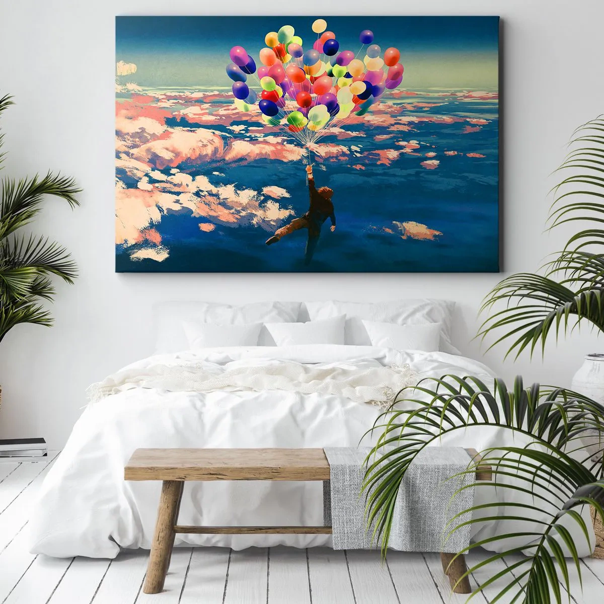 Obraz na plátně - Postava vznášející se nad mraky s barevnými balónky - 70x50cm - Splněné sny dětství - Moderní nástěnná dekorace do obývacího pokoje a ložnice ARTTOR