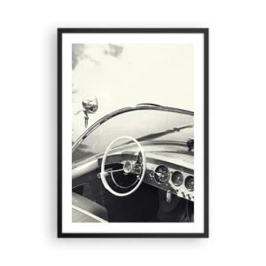 Plakát v černém rámu - Interiér klasického vozu s volantem - 50x70cm - Počasí pro bohaté - Moderní nástěnná dekorace do obývacího pokoje a ložnice ARTTOR