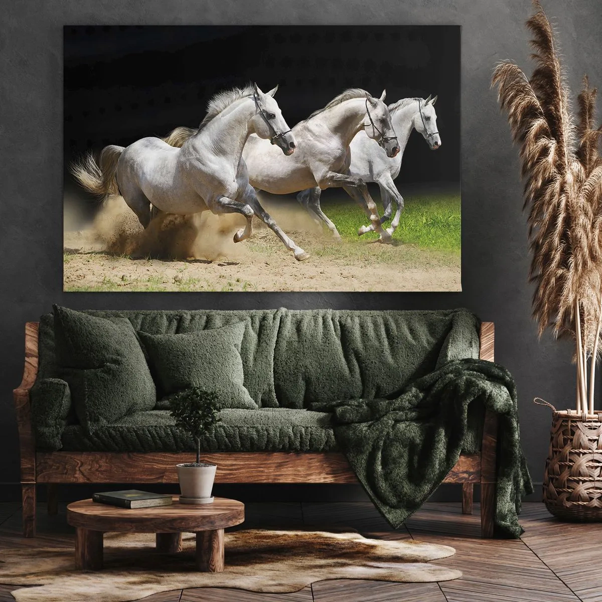 Obraz na plátně - Tři bílí koně cválající po písku a trávě - 70x50cm - Tři Grácie - Moderní nástěnná dekorace do obývacího pokoje a ložnice ARTTOR
