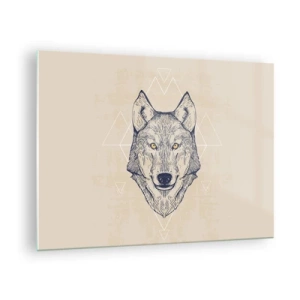 Obraz na skle - Vlčí hlava na pozadí geometrických vzorů - 70x50cm - Alfa o pronikavém pohledu - Moderní nástěnná dekorace do obývacího pokoje a ložnice ARTTOR