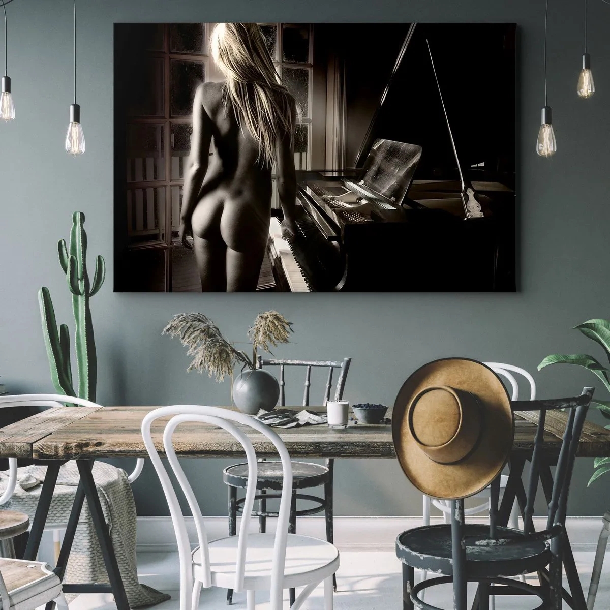 Obraz na plátně - Nahá žena u klavíru v černobílém stylu - 70x50cm - Dokonalá harmonie večera - Moderní nástěnná dekorace do obývacího pokoje a ložnice ARTTOR