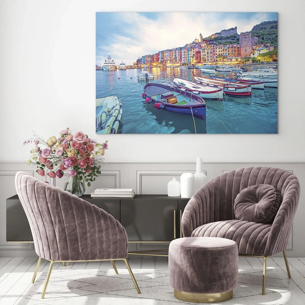 Obraz na skle - Večerní pohled na Cinque Terre s barevnými budovami - 70x50cm - Barevný večer v přístavu - Moderní nástěnná dekorace do obývacího pokoje a ložnice ARTTOR