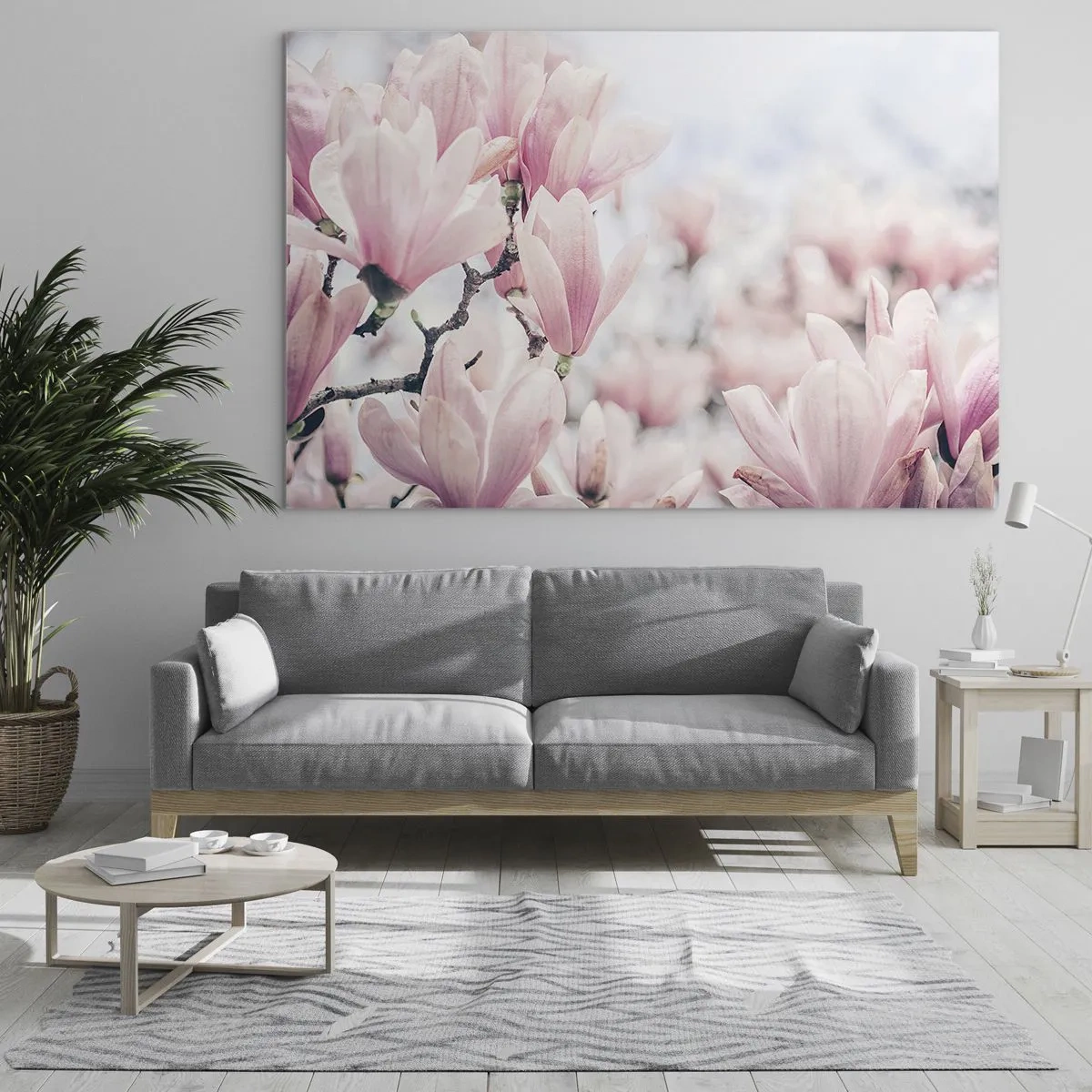 Obraz na skle - Jemné růžové magnólie na světlém pozadí - 70x50cm - Ideál jemnosti - Moderní nástěnná dekorace do obývacího pokoje a ložnice ARTTOR