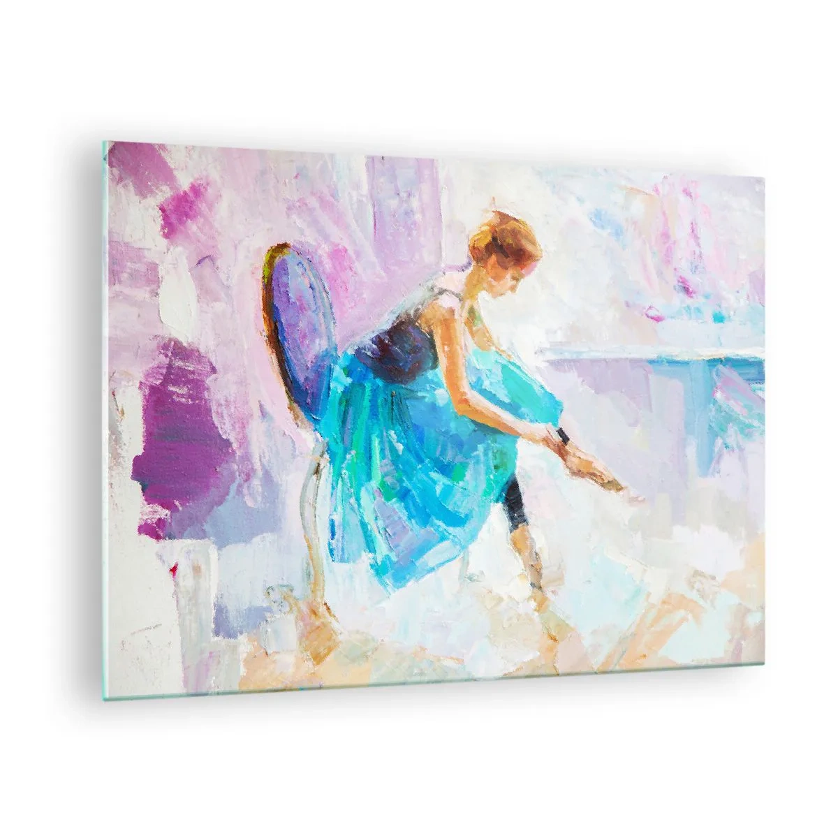 Obraz na skle - Baletka v modrých šatech na impresionistickém pozadí - 70x50cm - Nevyslovený vděk, jemné kouzlo - Moderní nástěnná dekorace do obývacího pokoje a ložnice ARTTOR