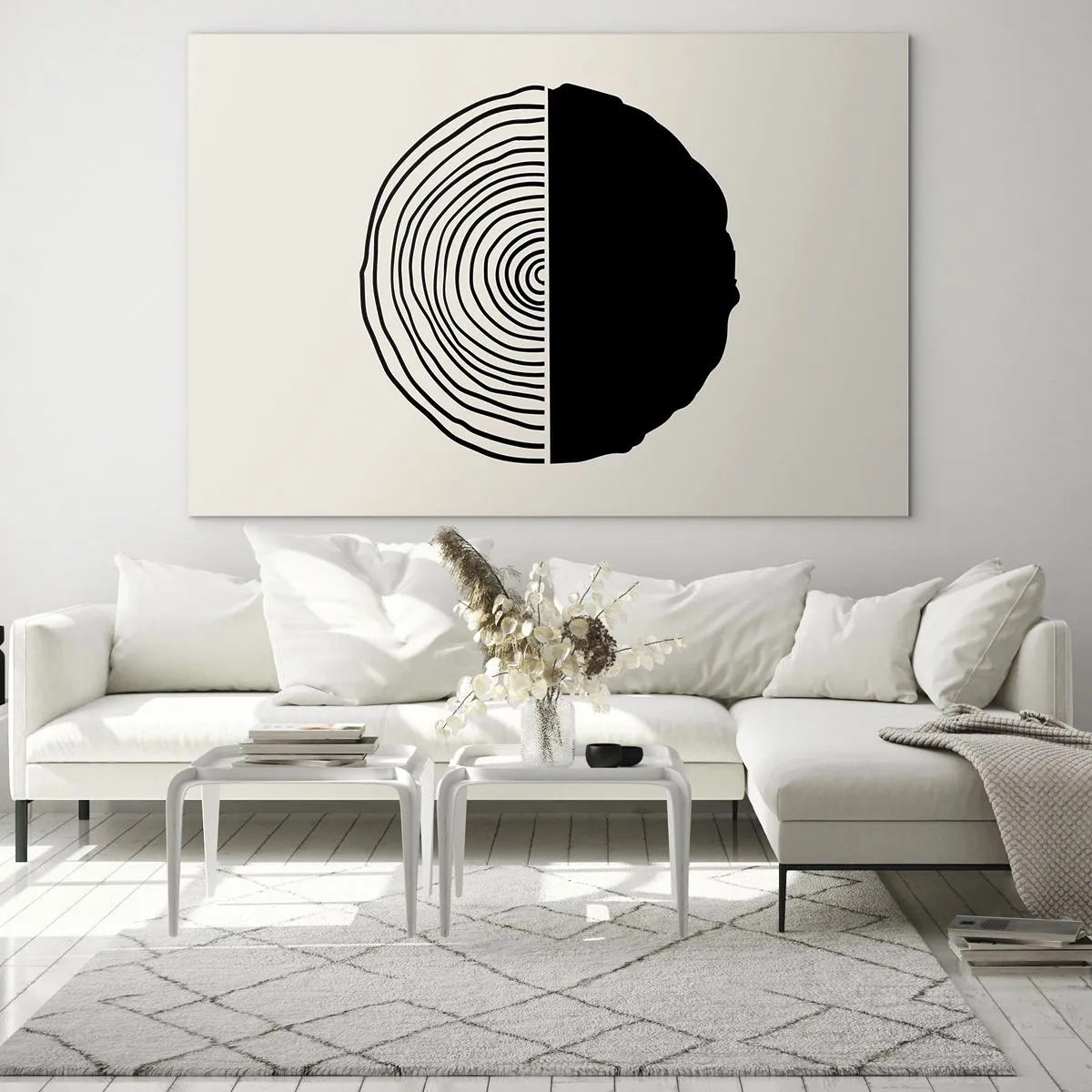Obraz na skle - Minimalistická grafika průřezu kmene stromu ve dvou polovinach. - 70x50cm - Půl na půl - Moderní nástěnná dekorace do obývacího pokoje a ložnice ARTTOR