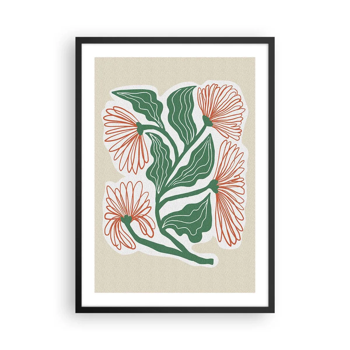 Plakát v černém rámu - Abstraktní motiv květin a listů na béžovém pozadí - 50x70cm - Lidové i moderní - Moderní nástěnná dekorace do obývacího pokoje a ložnice ARTTOR