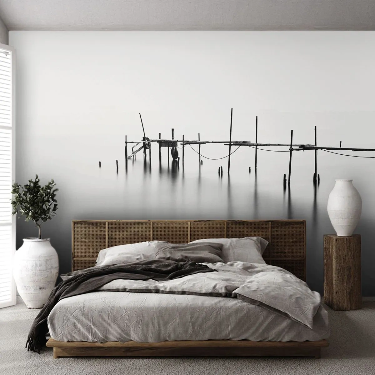Fototapeta Samolepicí Deluxe Sticker - A co když svět není? - Krajina, Dřevěný most, Černý a bílý - 250x175 cm