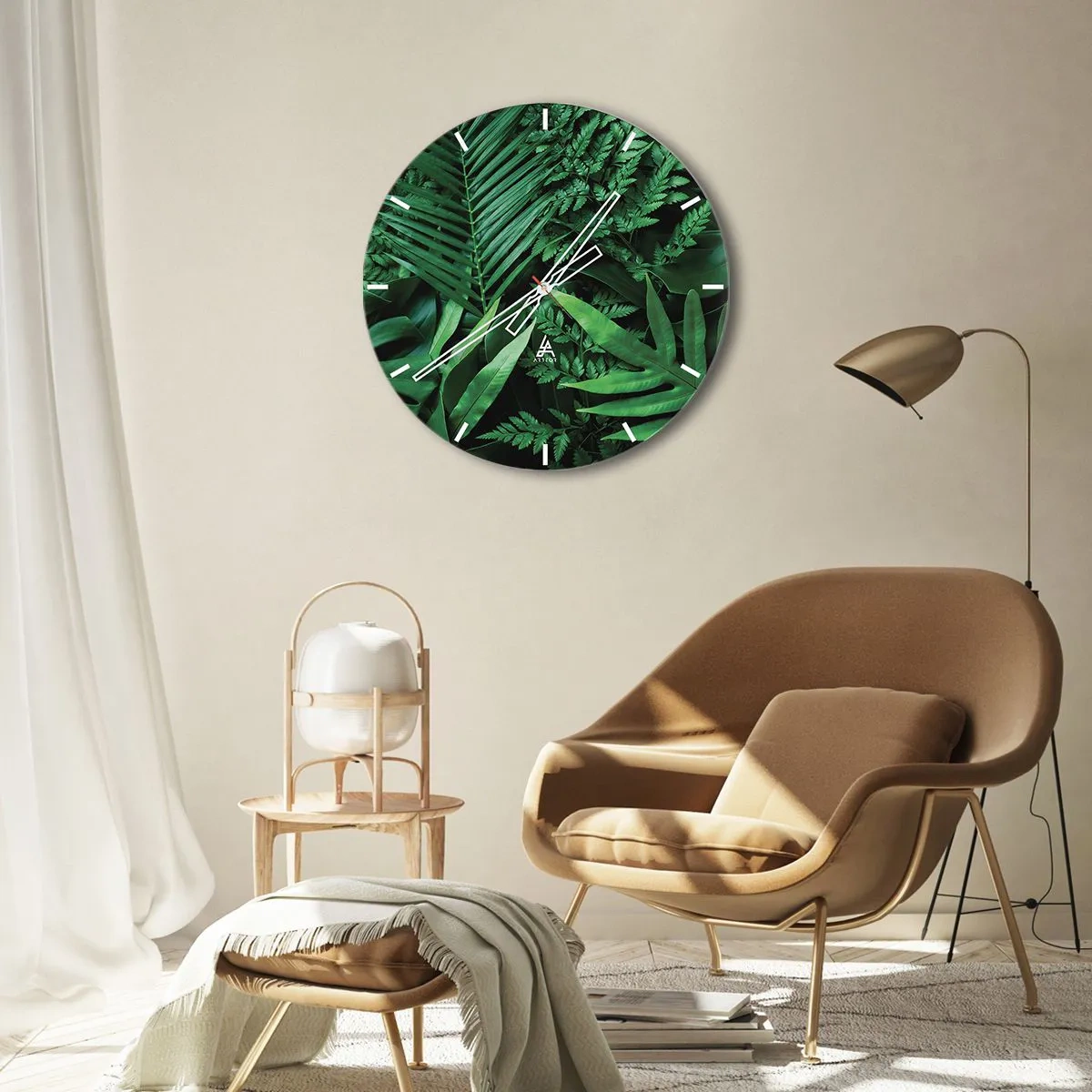 Nástěnné hodiny - Tropické zelené listy vytvářejí hustou, přirozenou kompozici - 30x30cm - Objaté v zeleni - Moderní nástěnná dekorace do obývacího pokoje, kuchyně a ložnice ARTTOR
