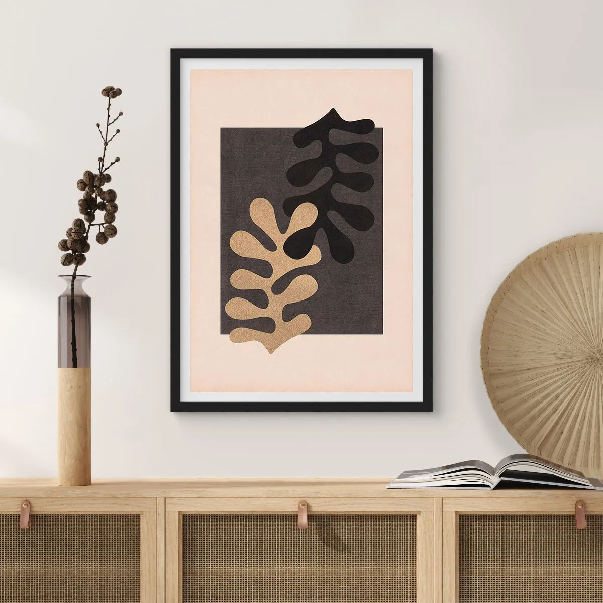 Plakát v černém rámu - Minimalistická abstraktní grafika s organickými tvary - 50x70cm - Nepřítomnost a doplnění - Moderní nástěnná dekorace do obývacího pokoje a ložnice ARTTOR