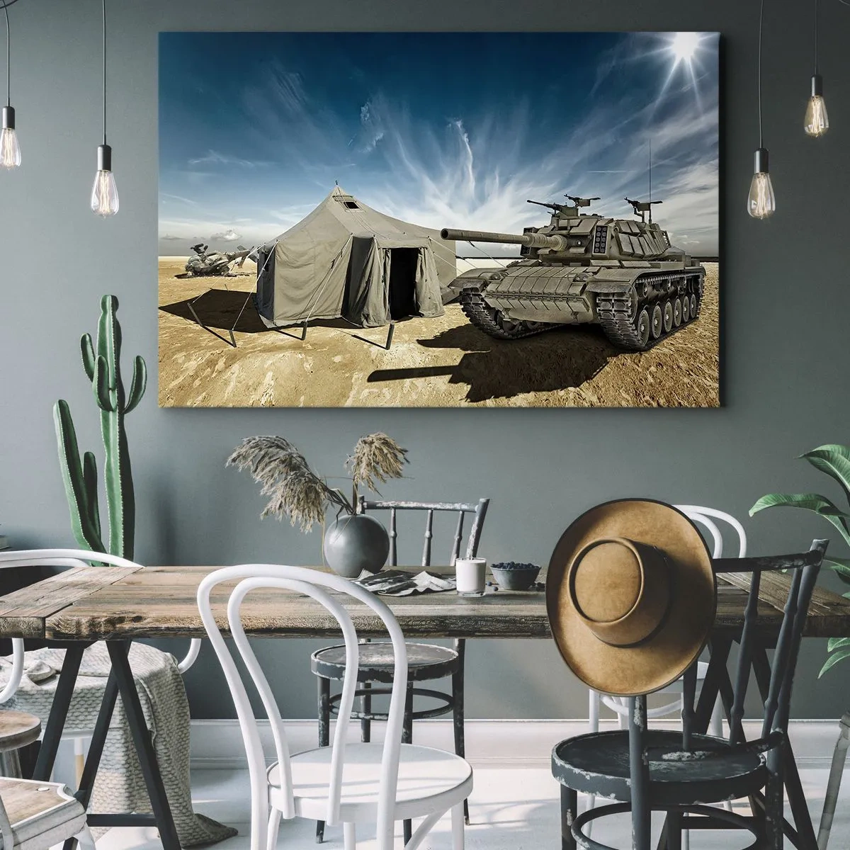 Obraz na plátně - Tank vedle vojenského stanu v pouštní oblasti - 70x50cm - Militantní sen - Moderní nástěnná dekorace do obývacího pokoje a ložnice ARTTOR