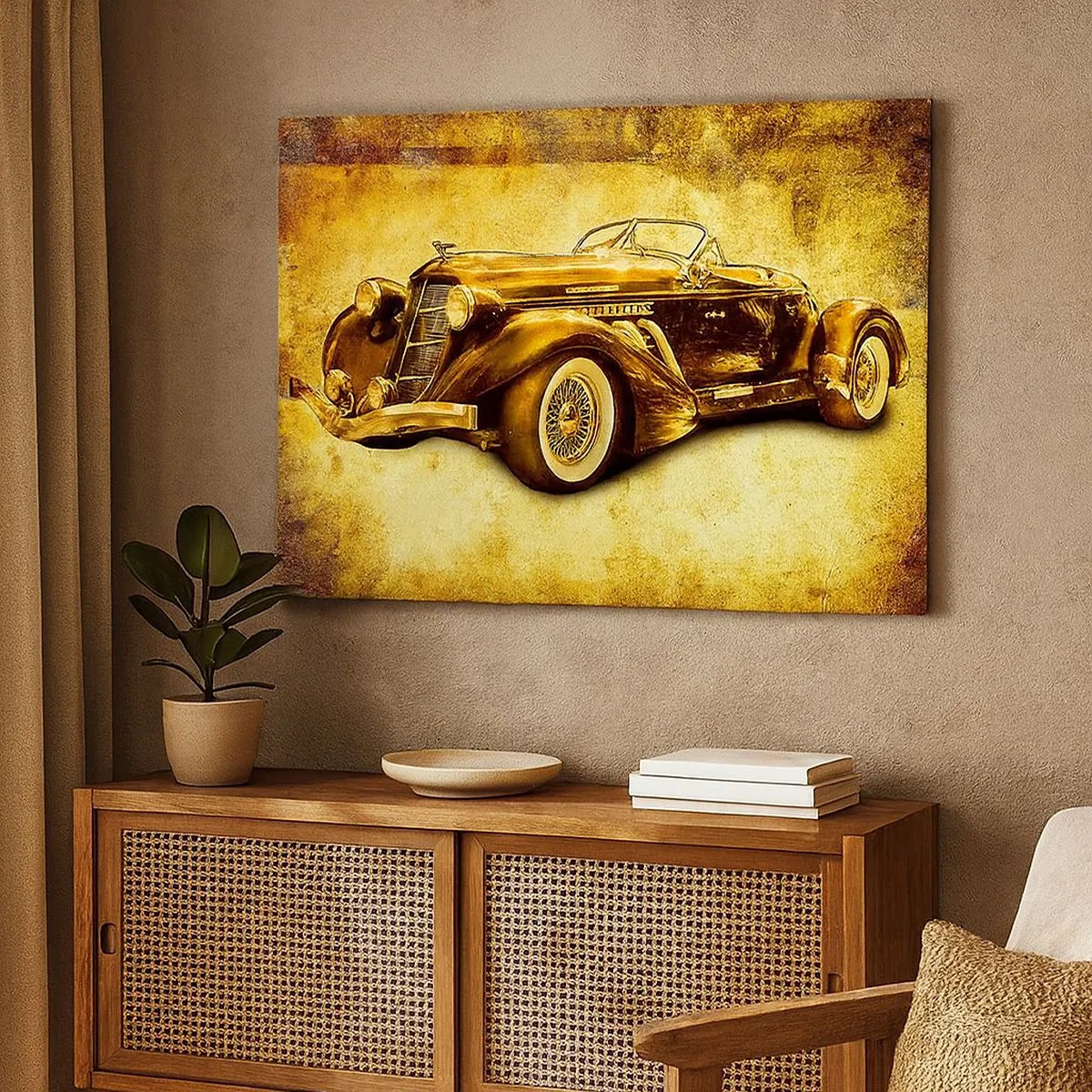 Obraz na plátně - Klasický zlatý retro kabriolet na vintage pozadí v teplých barvách. - 70x50cm - Elita elit - Moderní nástěnná dekorace do obývacího pokoje a ložnice ARTTOR
