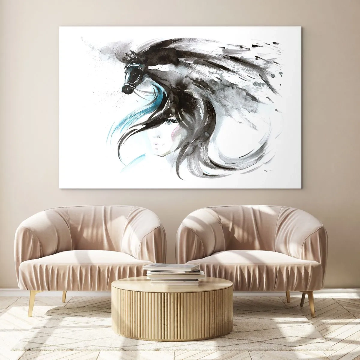 Obraz na skle - Portrét ženy a koně v umělecké, dynamické kompozici - 70x50cm - Cval Černého knížete - Moderní nástěnná dekorace do obývacího pokoje a ložnice ARTTOR