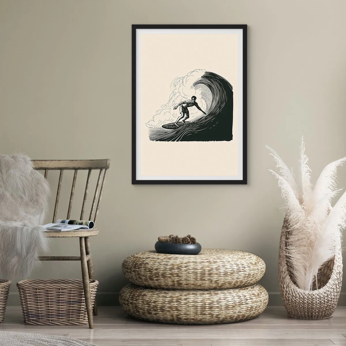 Plakát v černém rámu - Retro surfař na vlně grafika, černá a krémová kompozice - 50x70cm - Král vln - Moderní nástěnná dekorace do obývacího pokoje a ložnice ARTTOR