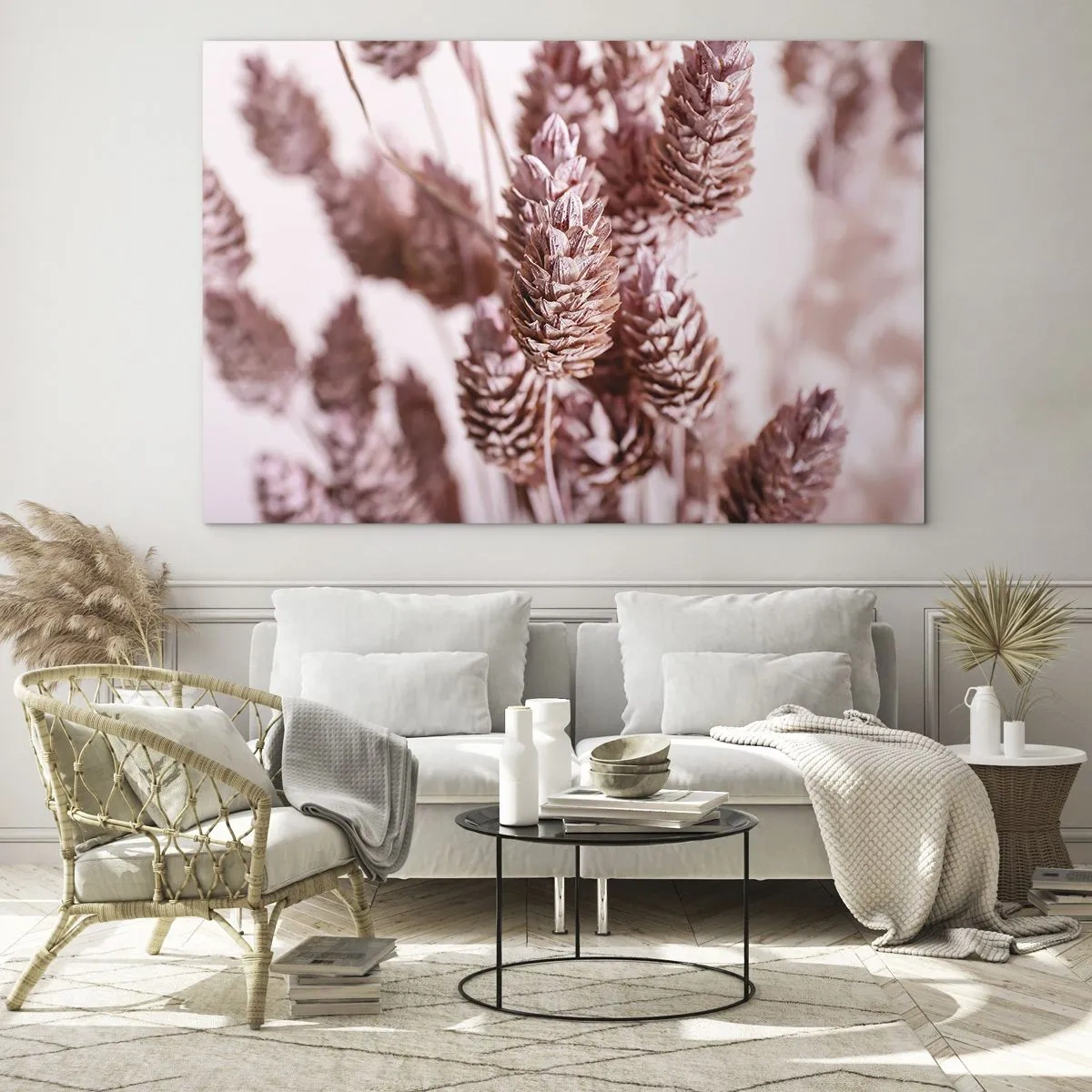 Obraz na skle - Sušené klasy trávy v odstínech pudrově růžové - 70x50cm - Zdánlivě nenápadné - Moderní nástěnná dekorace do obývacího pokoje a ložnice ARTTOR