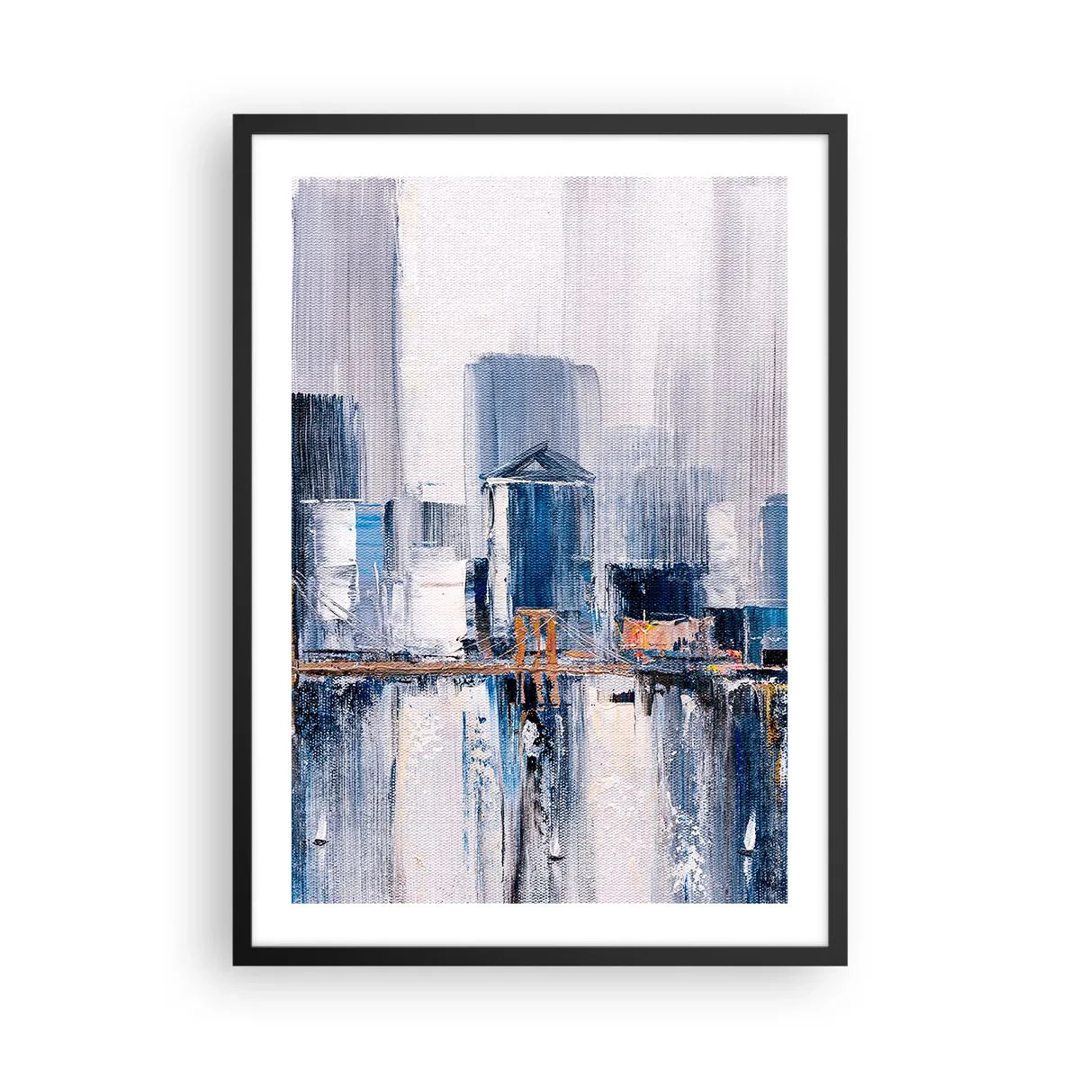 Plakát v černém rámu - Abstraktní panorama města v odstínech modré a bílé - 50x70cm - Newyorská imprese - Moderní nástěnná dekorace do obývacího pokoje a ložnice ARTTOR