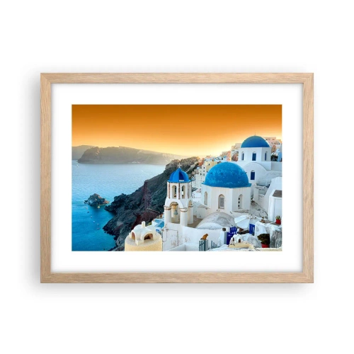 Plakát v rámu světlý dub - Santorini - přitulené ke skalám - 40x30 cm