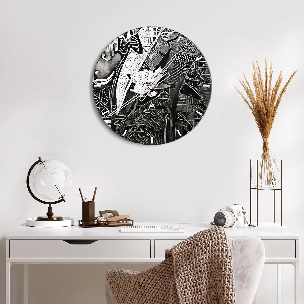 Nástěnné hodiny - Černobílá abstrakce se složitými geometrickými vzory - 30x30cm - Pouze zdánlivě šedý člověk - Moderní nástěnná dekorace do obývacího pokoje, kuchyně a ložnice ARTTOR