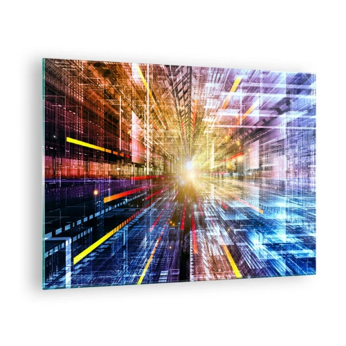 Obraz na skle - Abstraktní vize s barevnými čarami a světlem - 70x50cm - Osvětlená chodba - Moderní nástěnná dekorace do obývacího pokoje a ložnice ARTTOR