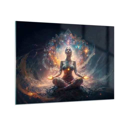 Obraz na skle - Meditující žena v zářivé auře energie a barev - 70x50cm - Proudění dobré energie - Moderní nástěnná dekorace do obývacího pokoje a ložnice ARTTOR