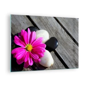 Obraz na skle - Růžový květ s kameny na dřevěném pozadí - 70x50cm - Odpočinek na molu - Moderní nástěnná dekorace do obývacího pokoje a ložnice ARTTOR