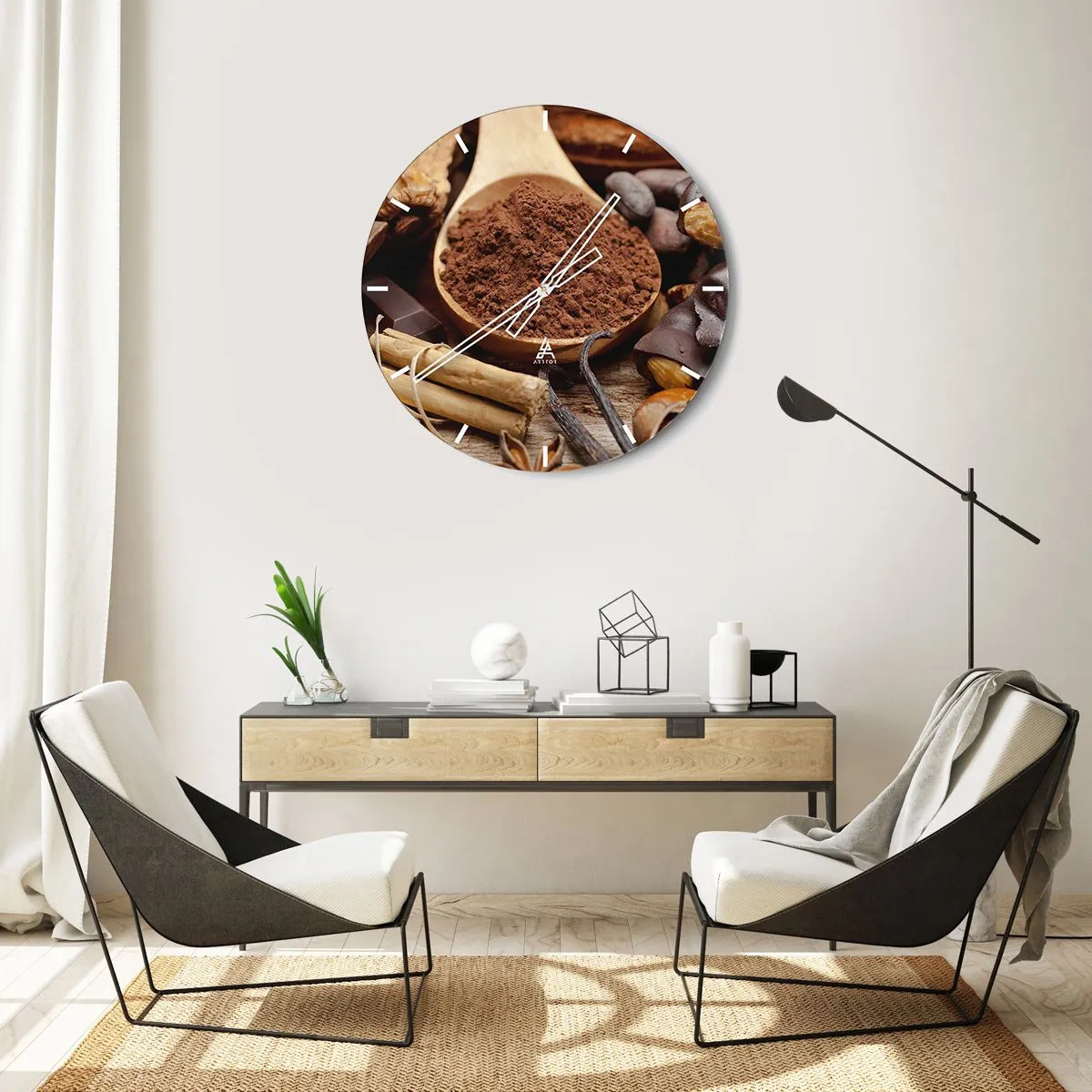 Nástěnné hodiny - Lžíce kakaa obklopená kořením a kousky čokolády - 30x30cm - Nejlepší na smutek - Moderní nástěnná dekorace do obývacího pokoje, kuchyně a ložnice ARTTOR