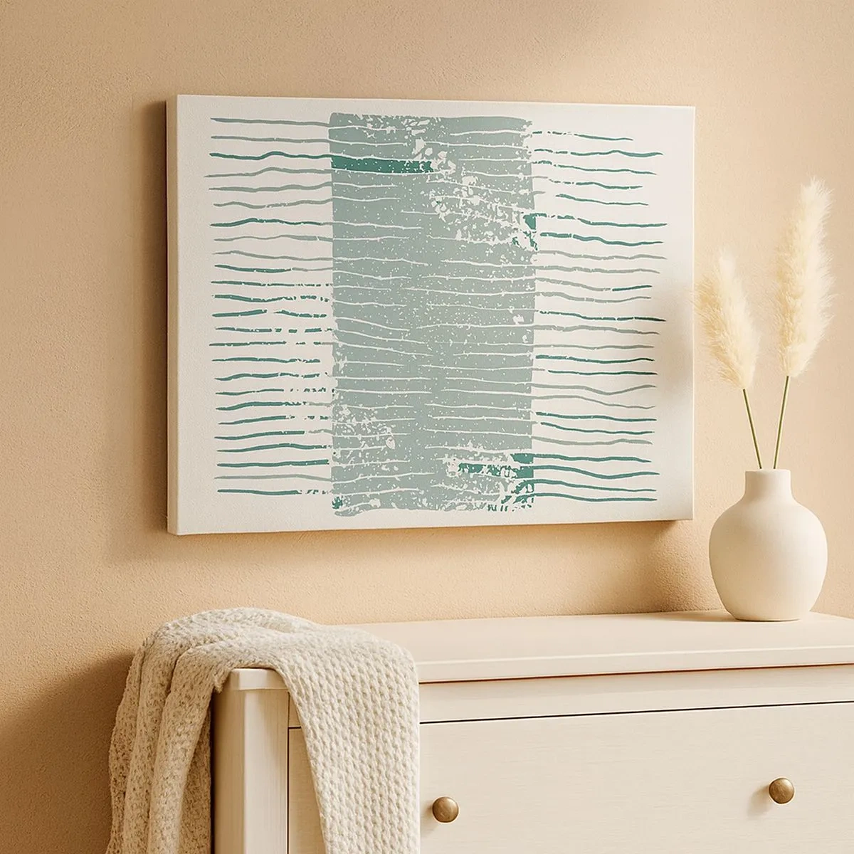 Obraz na plátně - Geometrický vzor v odstínech mořské zelené a bílé - 70x50cm - Mořská abstrakce - Moderní nástěnná dekorace do obývacího pokoje a ložnice ARTTOR