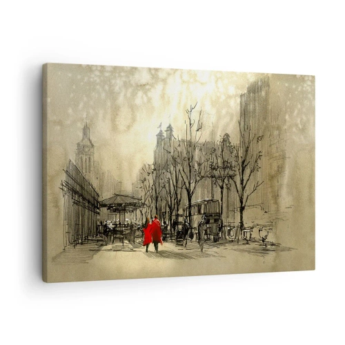 Obraz na plátně - Červená postava v nostalgickém městském prostředí - 70x50cm - Rande v londýnské mlze - Moderní nástěnná dekorace do obývacího pokoje a ložnice ARTTOR