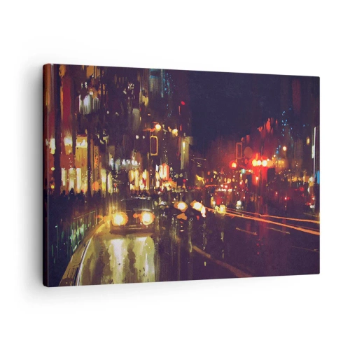 Obraz na plátně - Noční městská scéna s barevnými světly a odrazy ulic - 70x50cm - Ponořená do světel noci - Moderní nástěnná dekorace do obývacího pokoje a ložnice ARTTOR