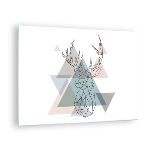 Obraz na skle - Geometrická kresba jelena na pozadí pastelových trojúhelníků - 70x50cm - V geometrickém lese - Moderní nástěnná dekorace do obývacího pokoje a ložnice ARTTOR