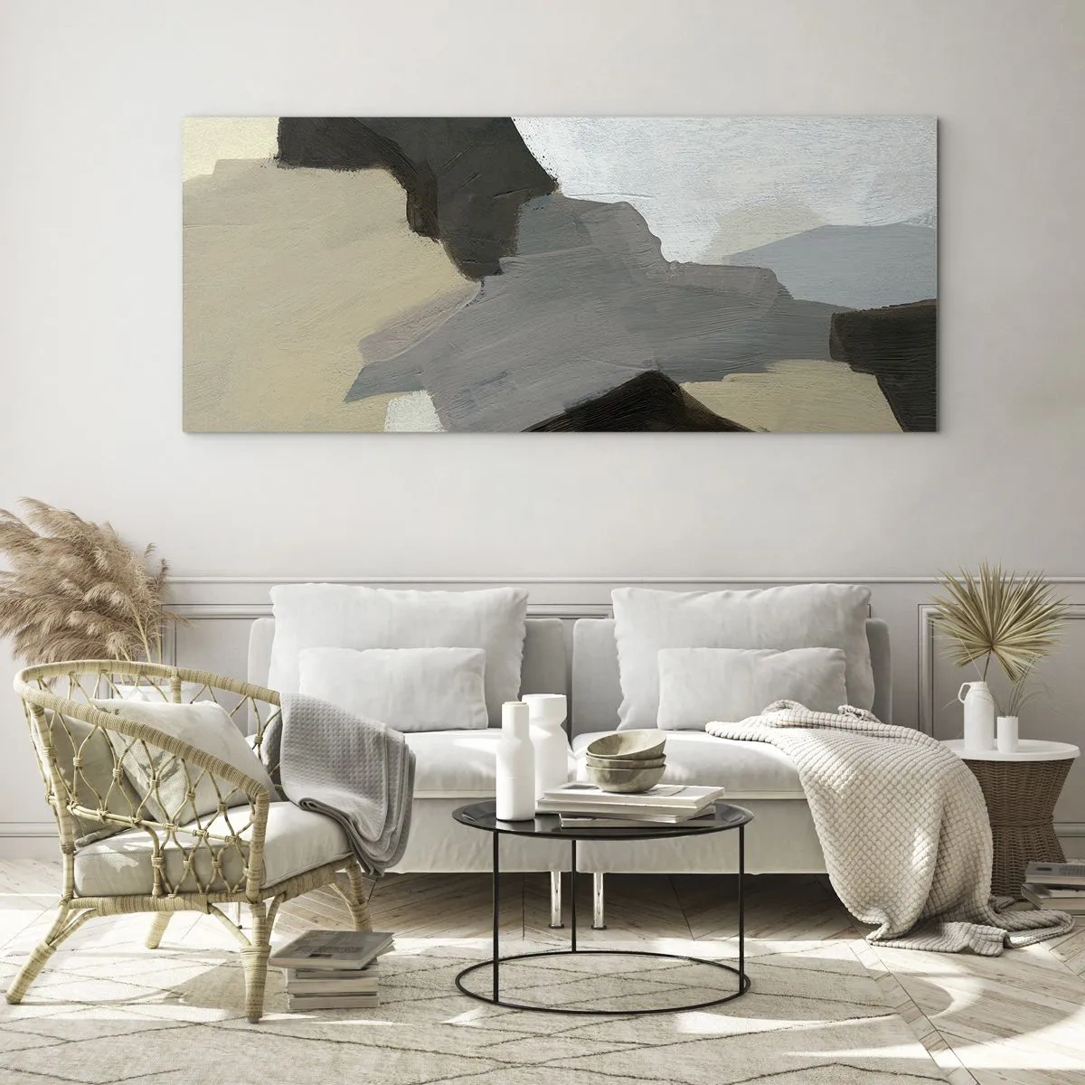 Obraz na skle - Abstrakce: křižovatka šedi - 140x50 cm