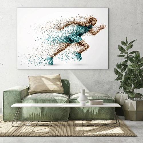 Obraz na skle - Postava běžce vytvořená z barevných částic - 70x50cm - Život je běh - Moderní nástěnná dekorace do obývacího pokoje a ložnice ARTTOR