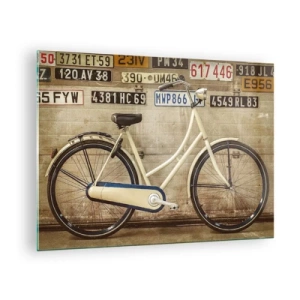 Obraz na skle - Staré kolo u zdi s poznávacími značkami - 70x50cm - Bez komplexů - Moderní nástěnná dekorace do obývacího pokoje a ložnice ARTTOR