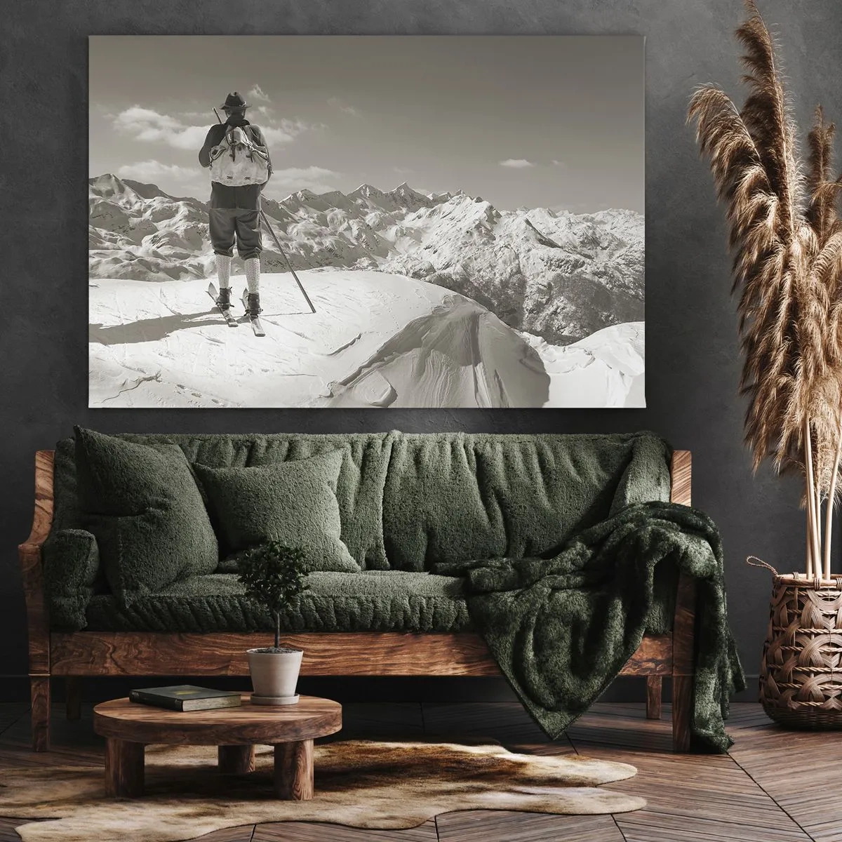 Obraz na plátně - Lyžař na vrcholu hory v černé a bílé - 70x50cm - Stejné hory - Moderní nástěnná dekorace do obývacího pokoje a ložnice ARTTOR