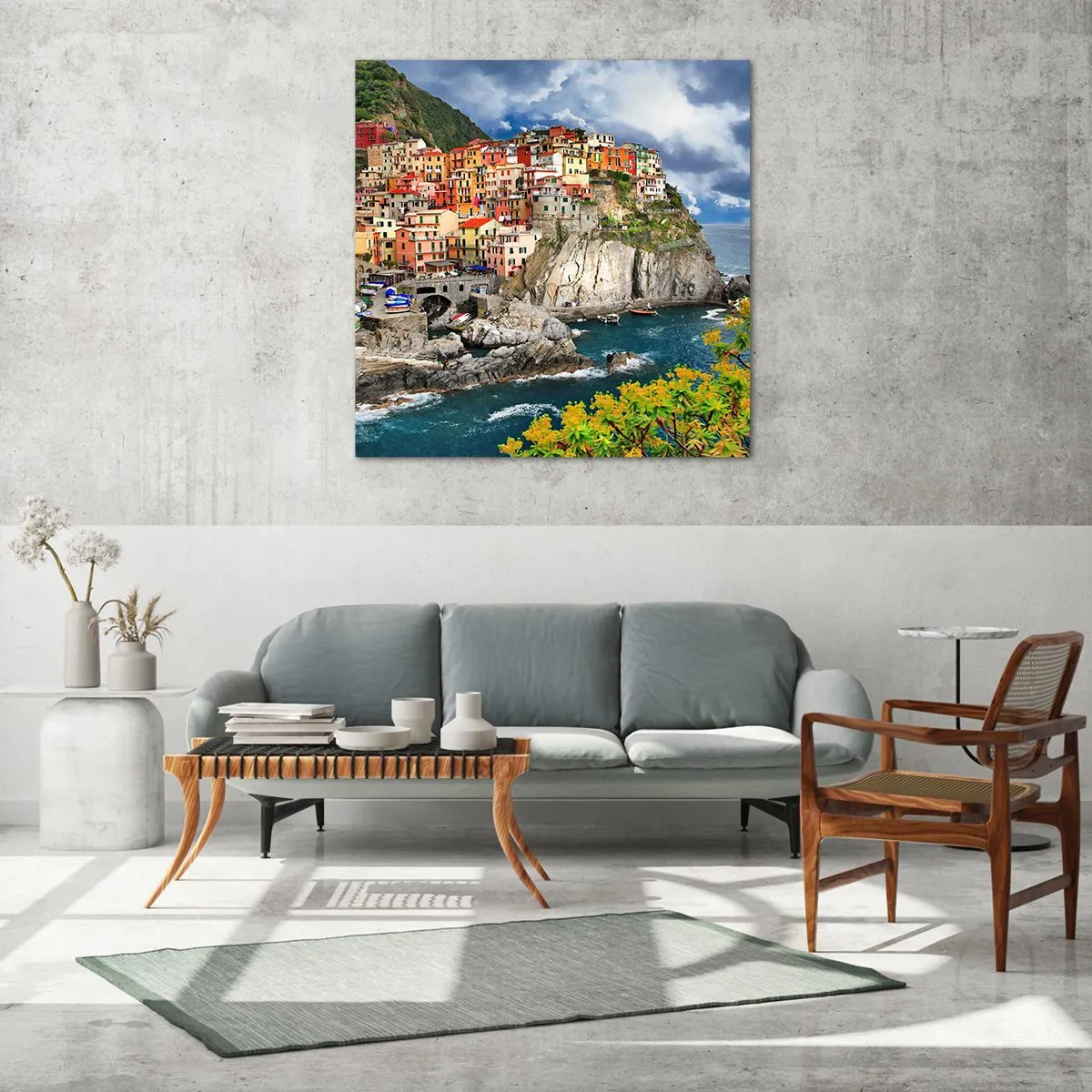 Obraz na skle - Hromádka přitulená ke skalám - 40x40 cm