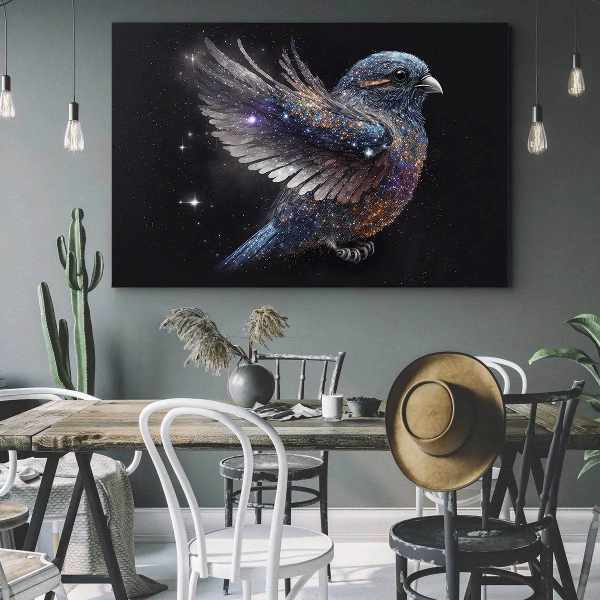 Obraz na plátně - Vrabec ve stylu vesmírného věku s diamantovým leskem - 70x50cm - Diamantový vrabec - Moderní nástěnná dekorace do obývacího pokoje a ložnice ARTTOR