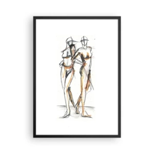 Plakát v černém rámu - Abstraktní skica dvou postav v teplých barvách. - 50x70cm - Studie šarmu - Moderní nástěnná dekorace do obývacího pokoje a ložnice ARTTOR
