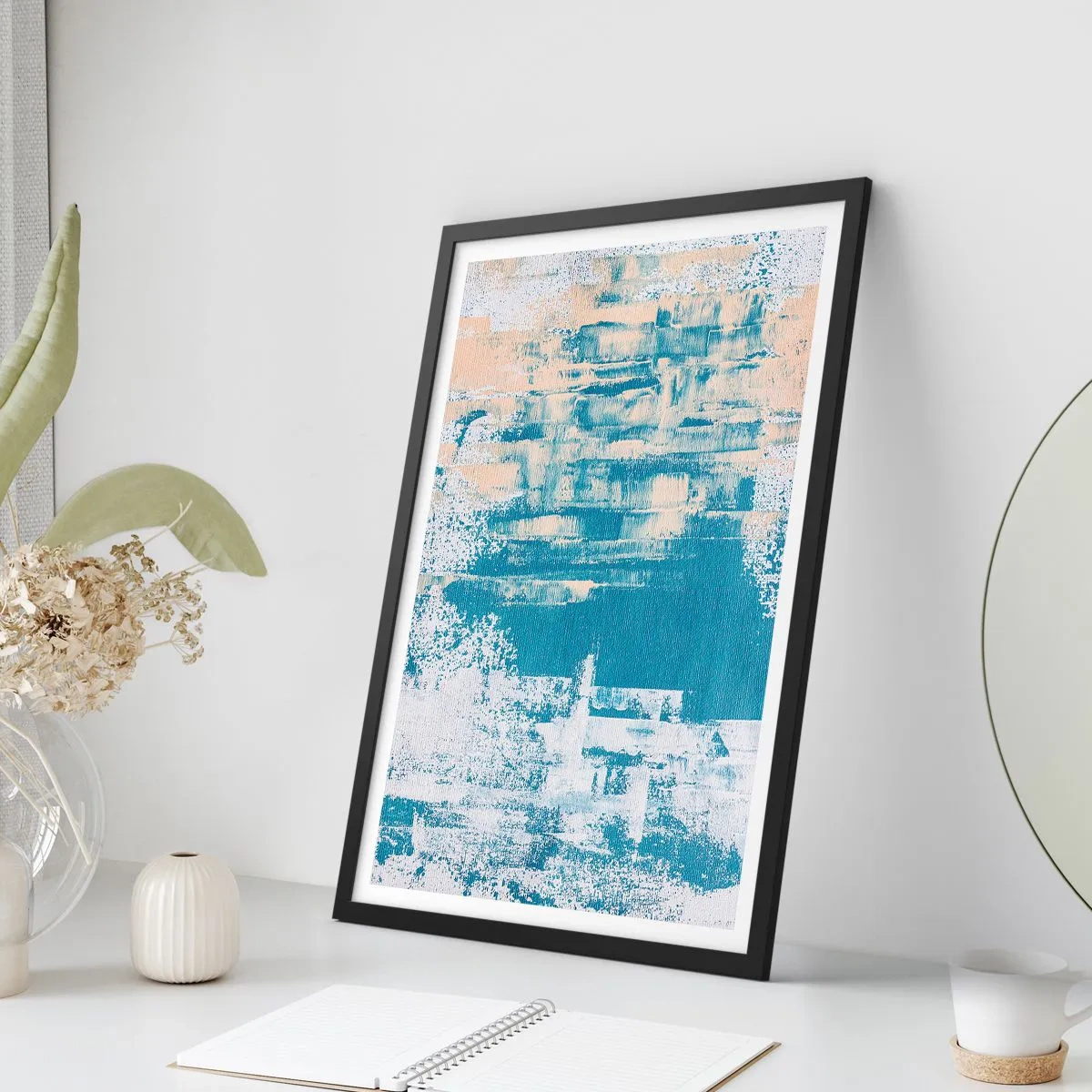 Plakát v černém rámu - Abstraktní textura v odstínech modré a béžové - 50x70cm - Přes rampouch - Moderní nástěnná dekorace do obývacího pokoje a ložnice ARTTOR
