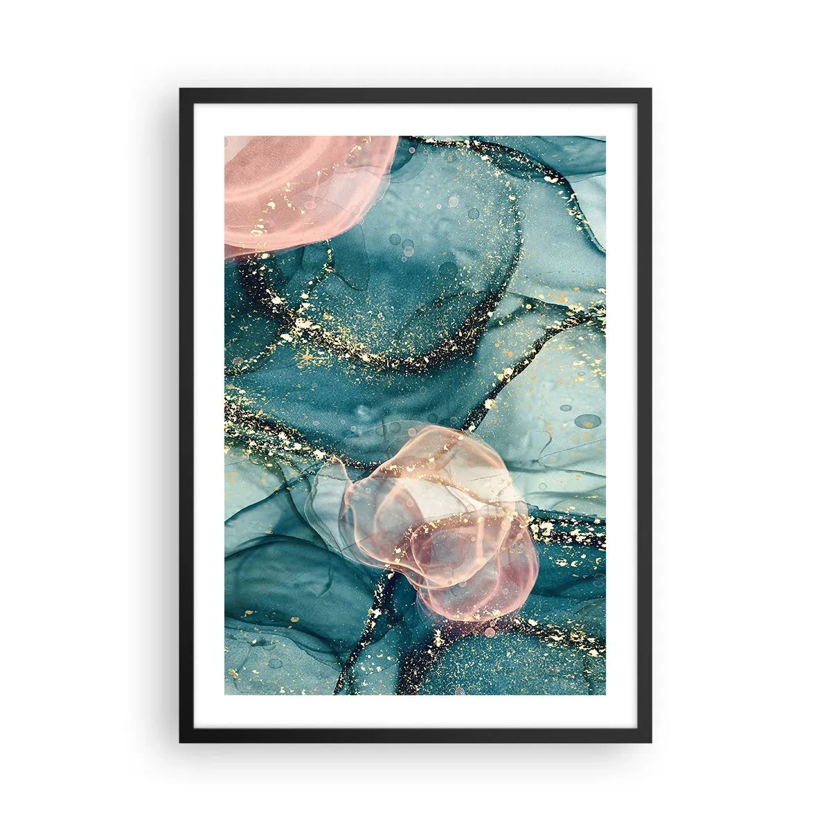 Plakát v černém rámu - Abstraktní kompozice v odstínech tyrkysové a zlaté. - 50x70cm - Modré hedvábí modré, růžový tyl - Moderní nástěnná dekorace do obývacího pokoje a ložnice ARTTOR