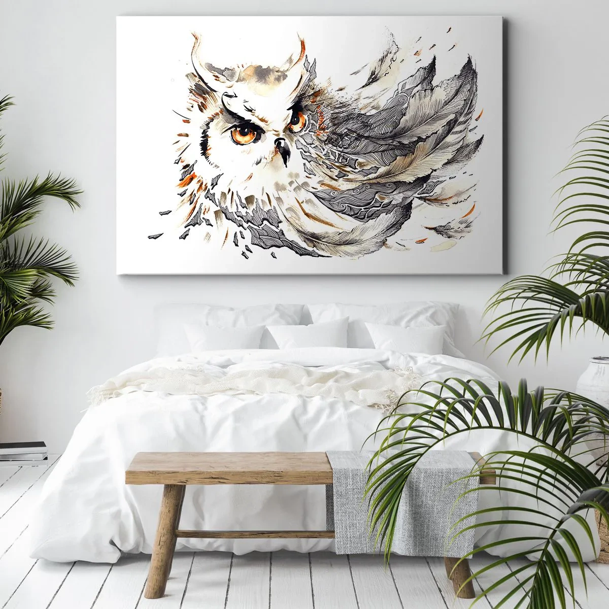 Obraz na plátně - Sova s mystickým peřím v umělecké akvarelové podobě - 70x50cm - Přišla ze světa kouzel - Moderní nástěnná dekorace do obývacího pokoje a ložnice ARTTOR