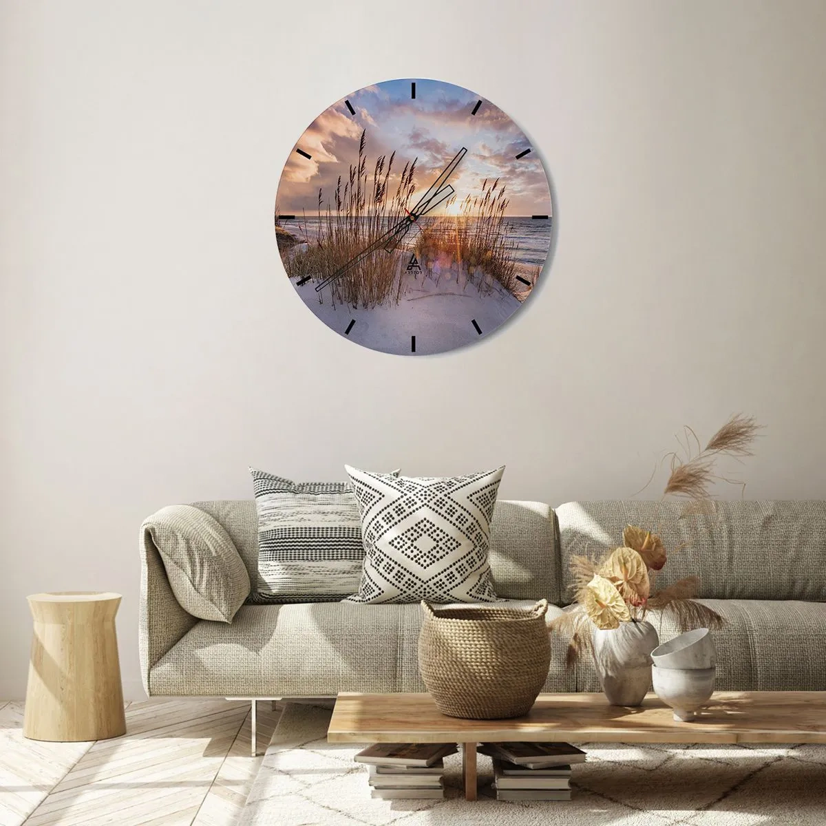 Nástěnné hodiny - Západ slunce nad mořem s pískem a trávou na dunách - 30x30cm - Rozloučení se sluncem a větrem - Moderní nástěnná dekorace do obývacího pokoje, kuchyně a ložnice ARTTOR