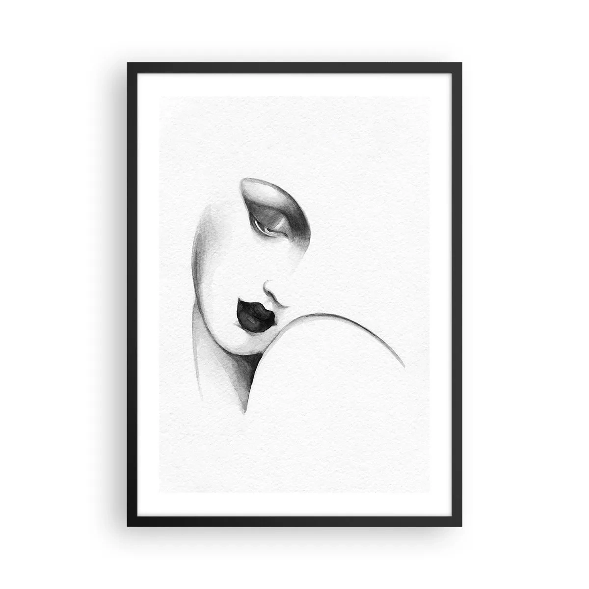 Plakát v černém rámu - Jemný portrét ženy v černobílém stylu - 50x70cm - Ve stylu Lempické - Moderní nástěnná dekorace do obývacího pokoje a ložnice ARTTOR